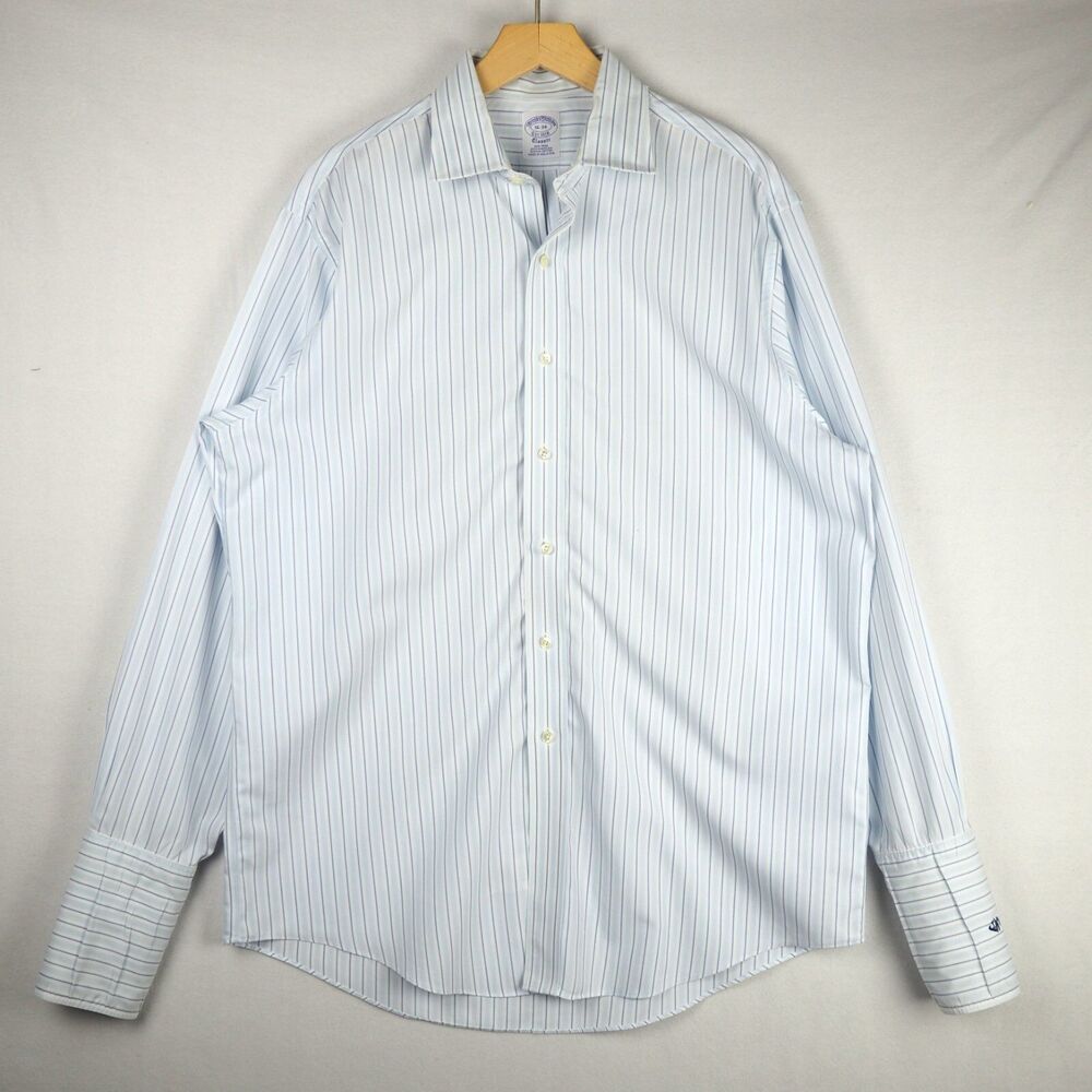 Brooks Brothers Striped Dress Shirt Men's Size 16-34 French Cuff Blue READ